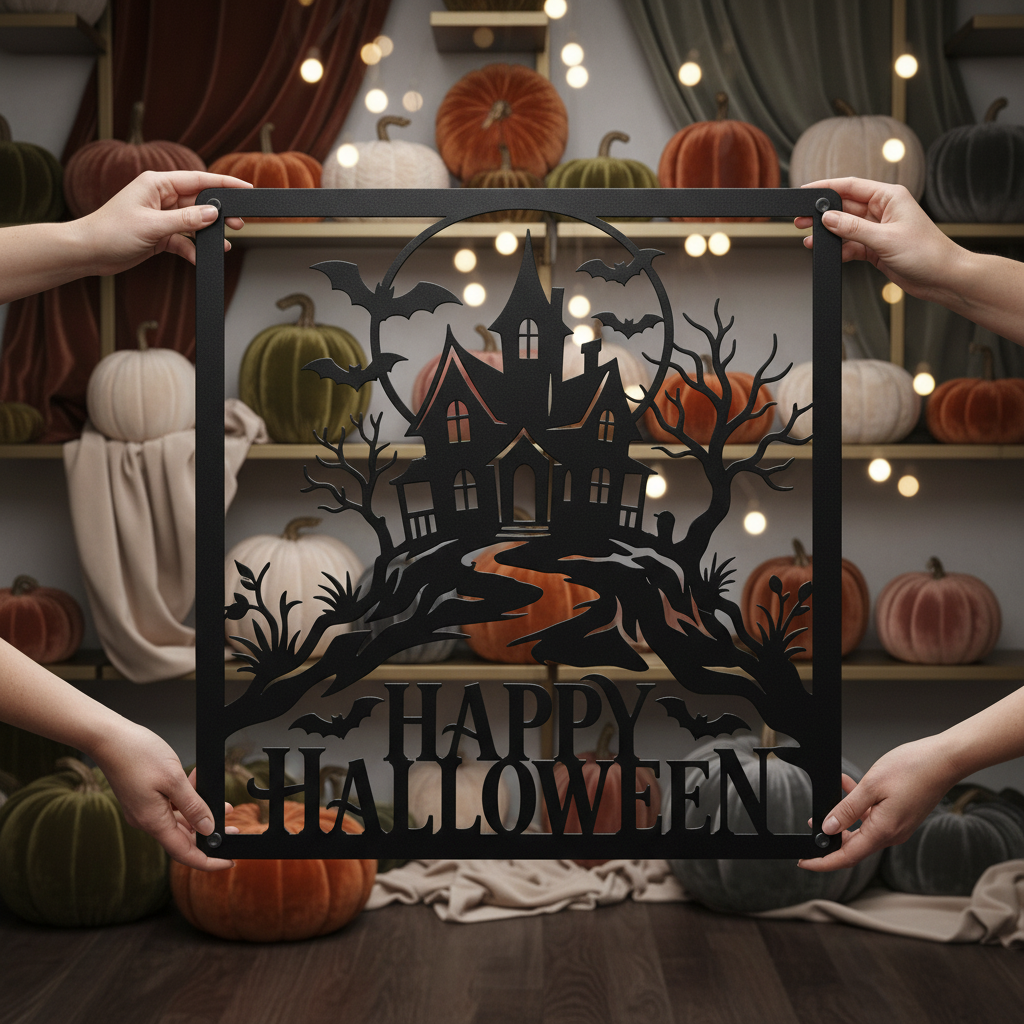 Happy Halloween Spukhaus mit Fledermäusen Metallschild quadratisch – Bild 5