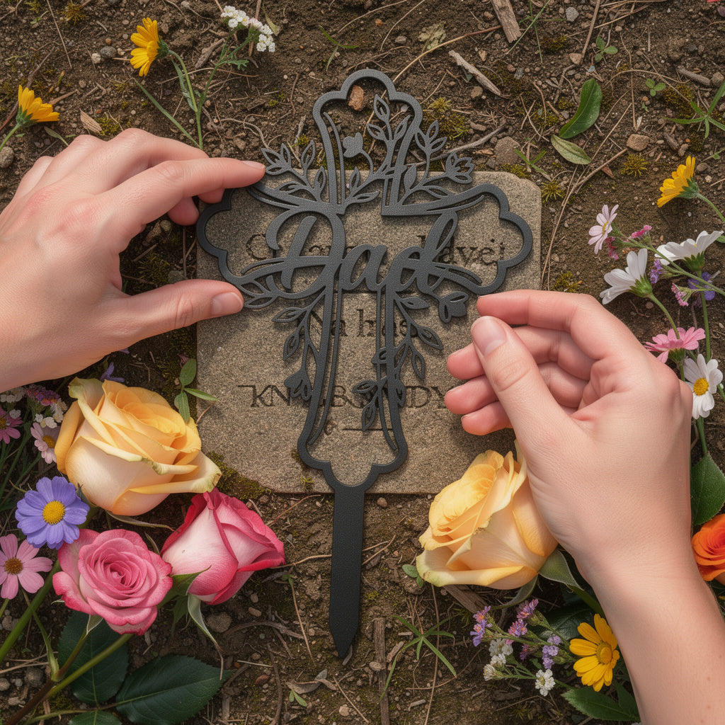 Personalized cross memorial stake for Dad with name and dates in black steel – image 6