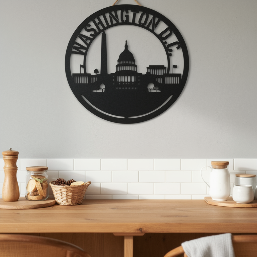 Round Washington D.C. skyline metal sign with Capitol and monuments in black steel – image 7