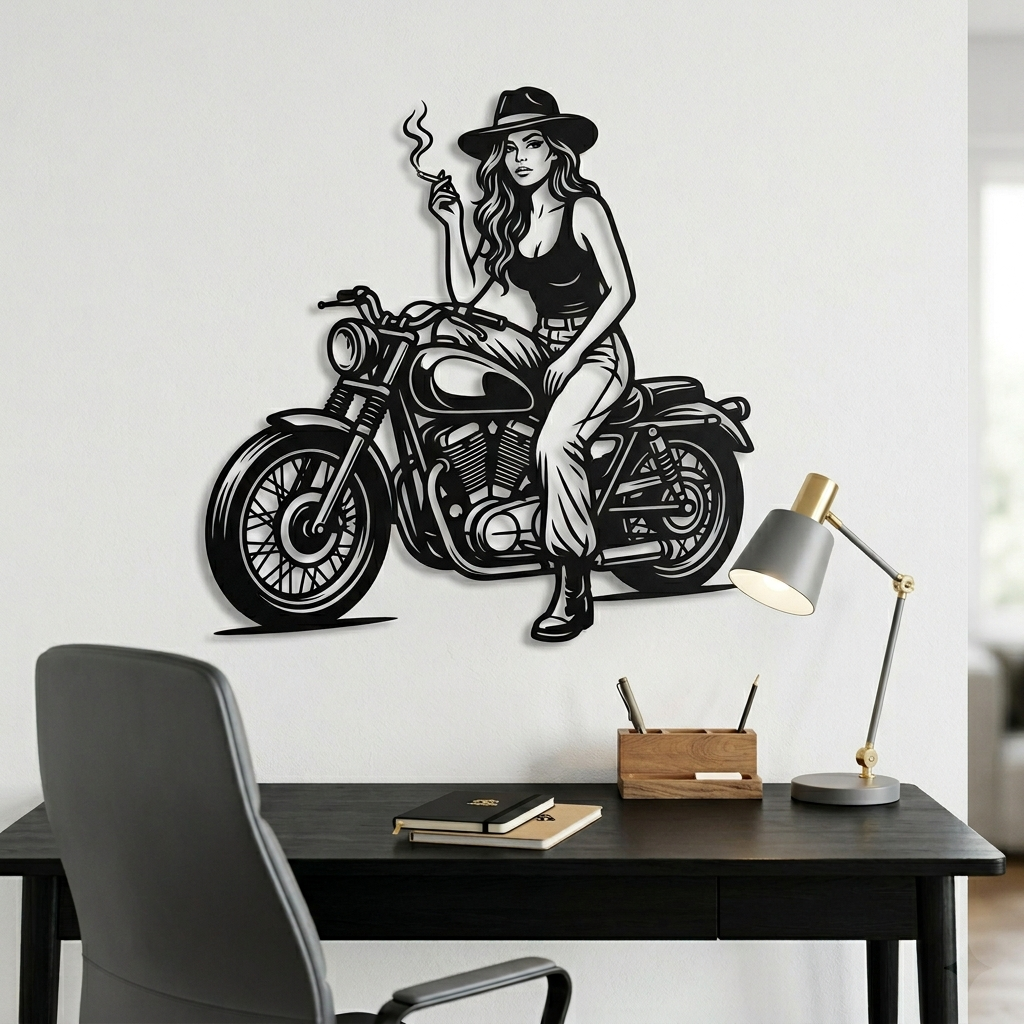Bikerin auf Motorrad Metallschild