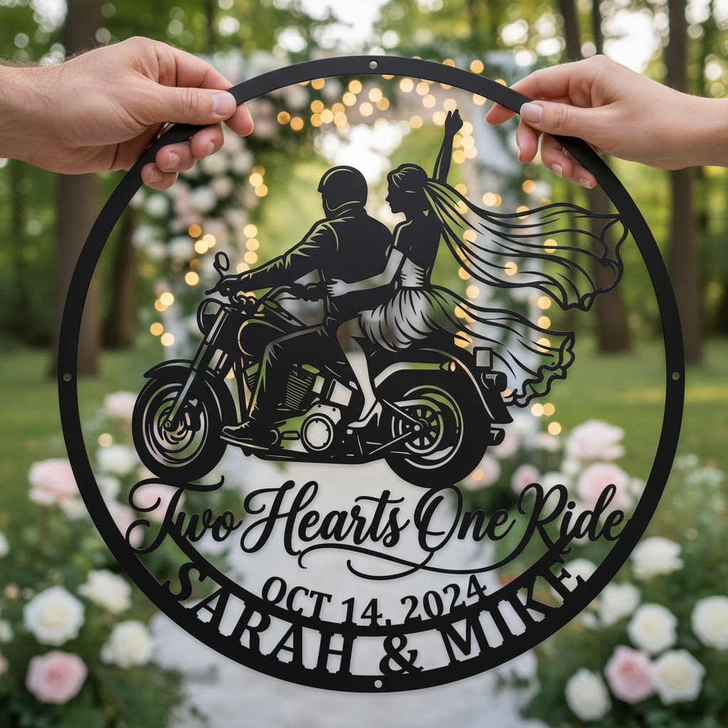 Personalized Just Married motorcycle wedding metal sign with names and date – image 5