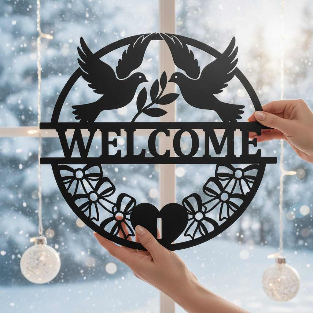 Round welcome sign with two doves and olive branch in black steel – image 9