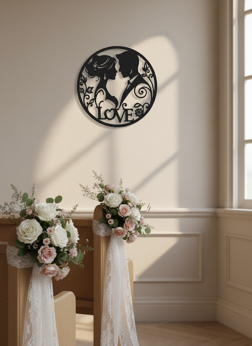Round bride and groom silhouette metal wall art in black steel – image 2