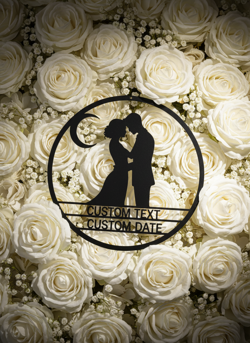 Personalized round metal sign with couple on crescent moon and stars – image 10