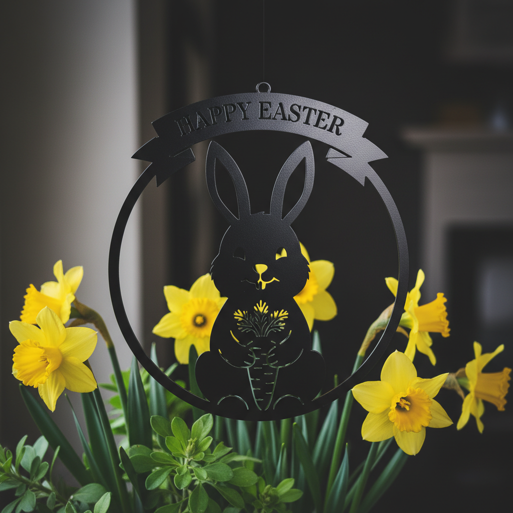 Happy Easter Osterhase mit Karotte rundes Metallschild – Bild 1