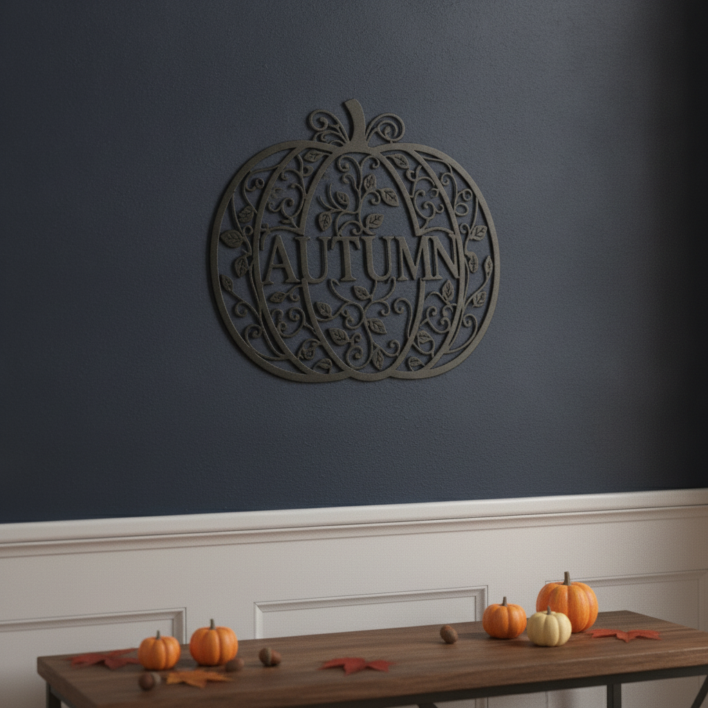 Herbst Kürbis mit filigranen Ranken und Blättern Metallschild – Bild 3