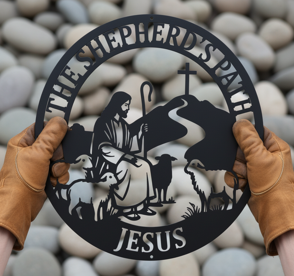 Rundes Metallschild Jesus der gute Hirte mit Lämmern und Kreuz aus schwarzem Stahl – Bild 2