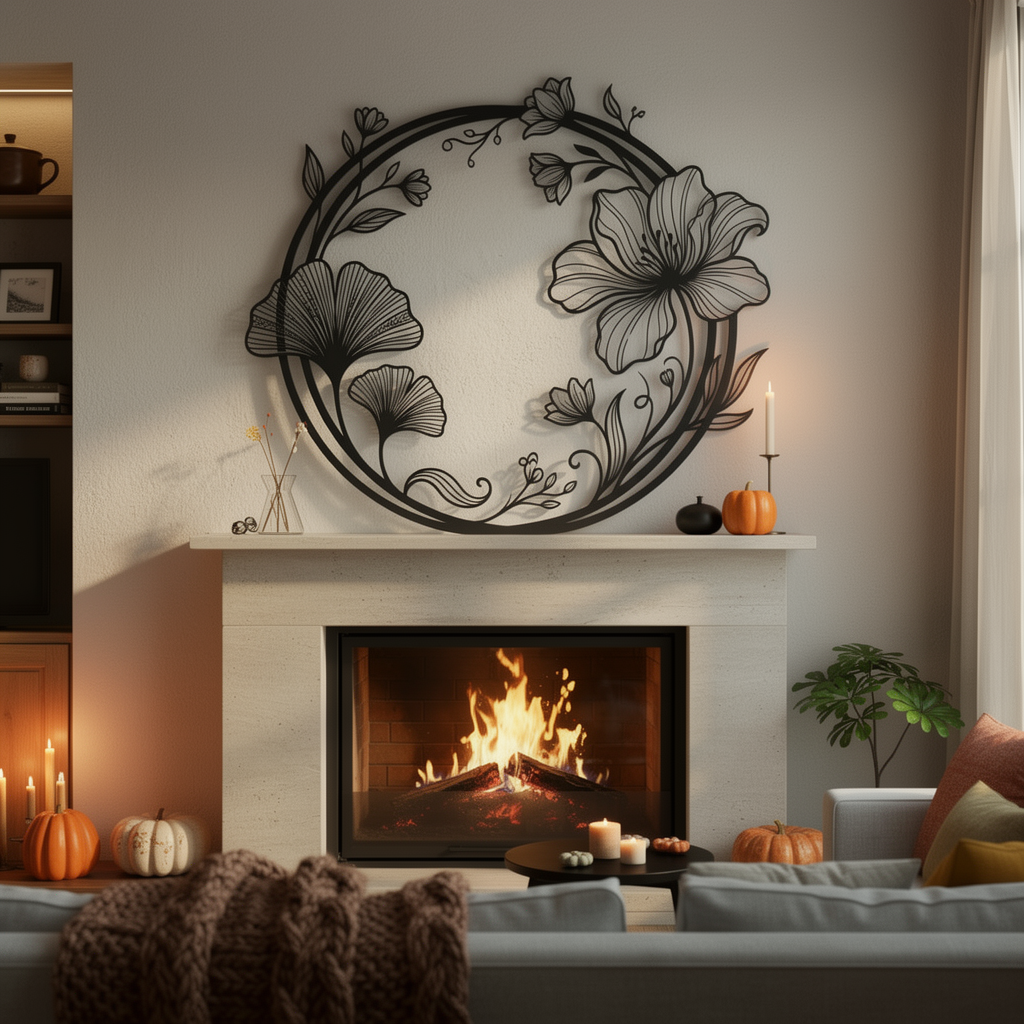 Round ginkgo leaf and flower wreath metal wall art in black steel – image 9