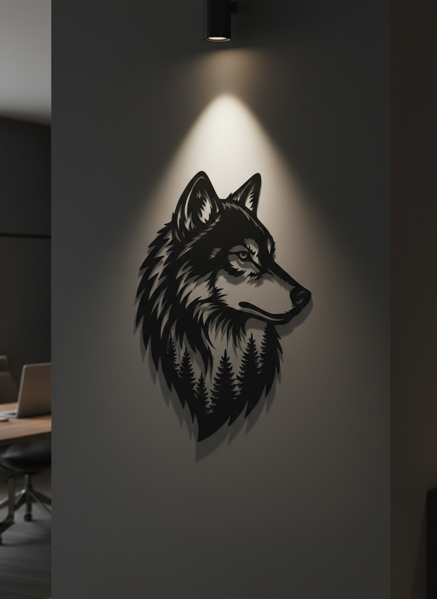 Wolf head metal wall art with forest and trees in black steel – image 3