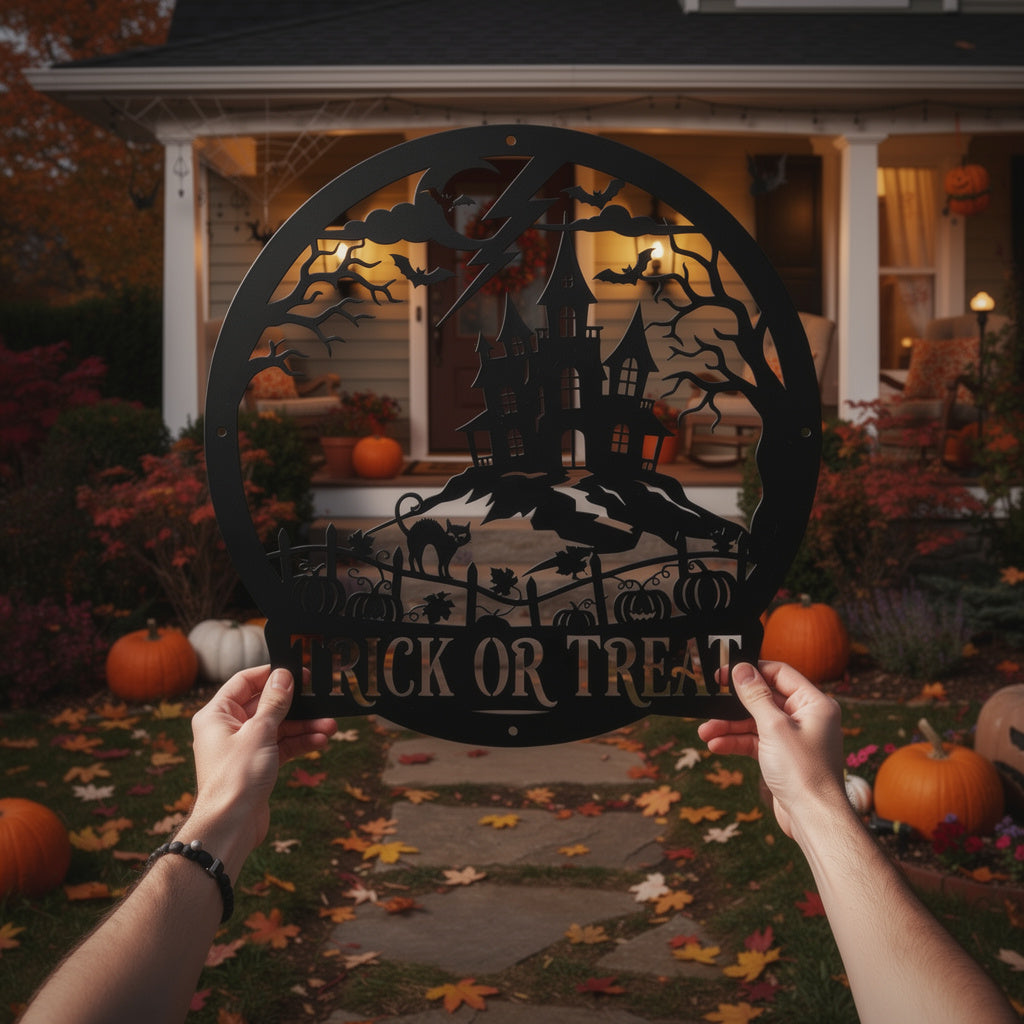 Halloween Spukhaus mit Fledermäusen Trick or Treat Metallschild rund – Bild 7