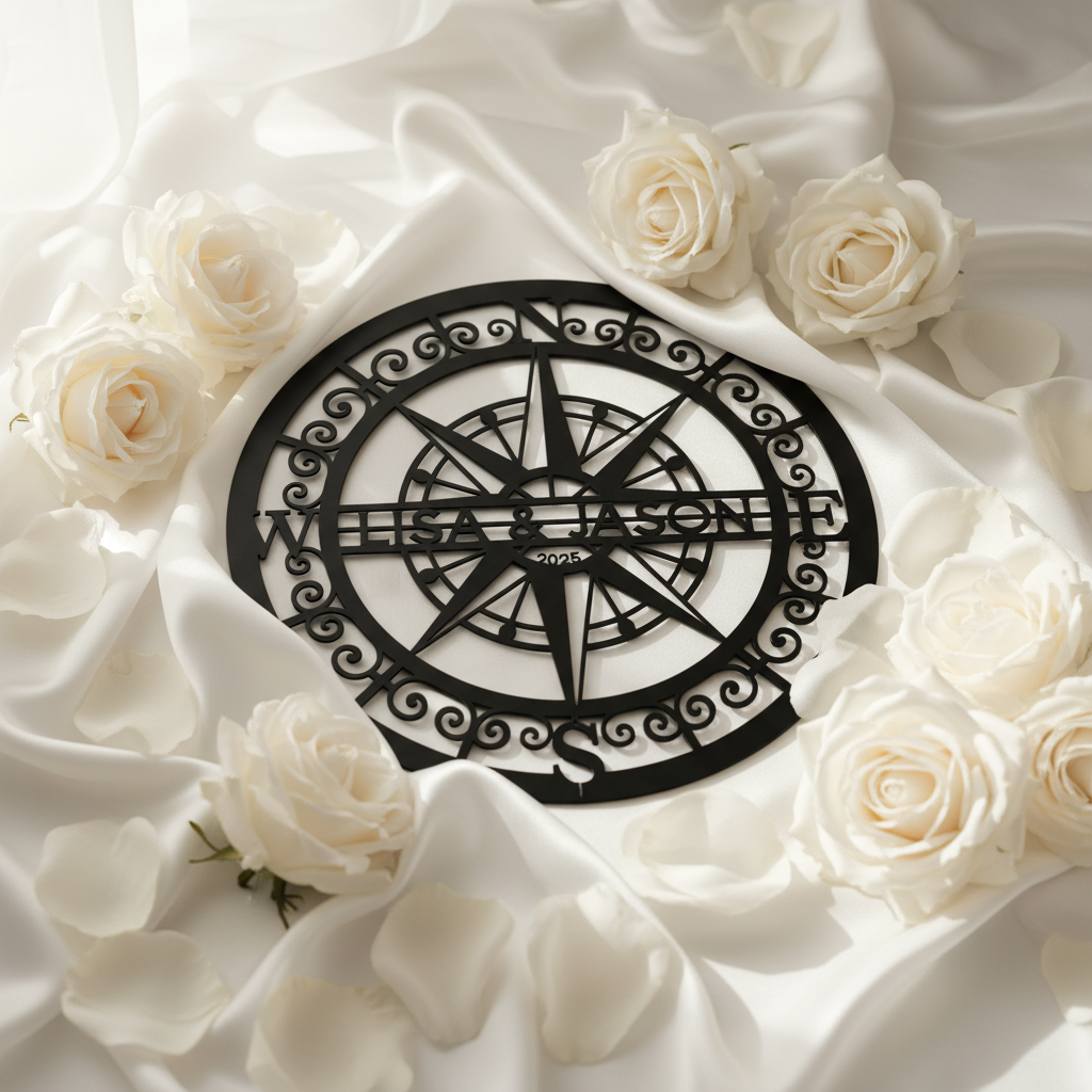 Personalisiertes rundes Kompassrose Metallschild für Paare mit Namen – Bild 6