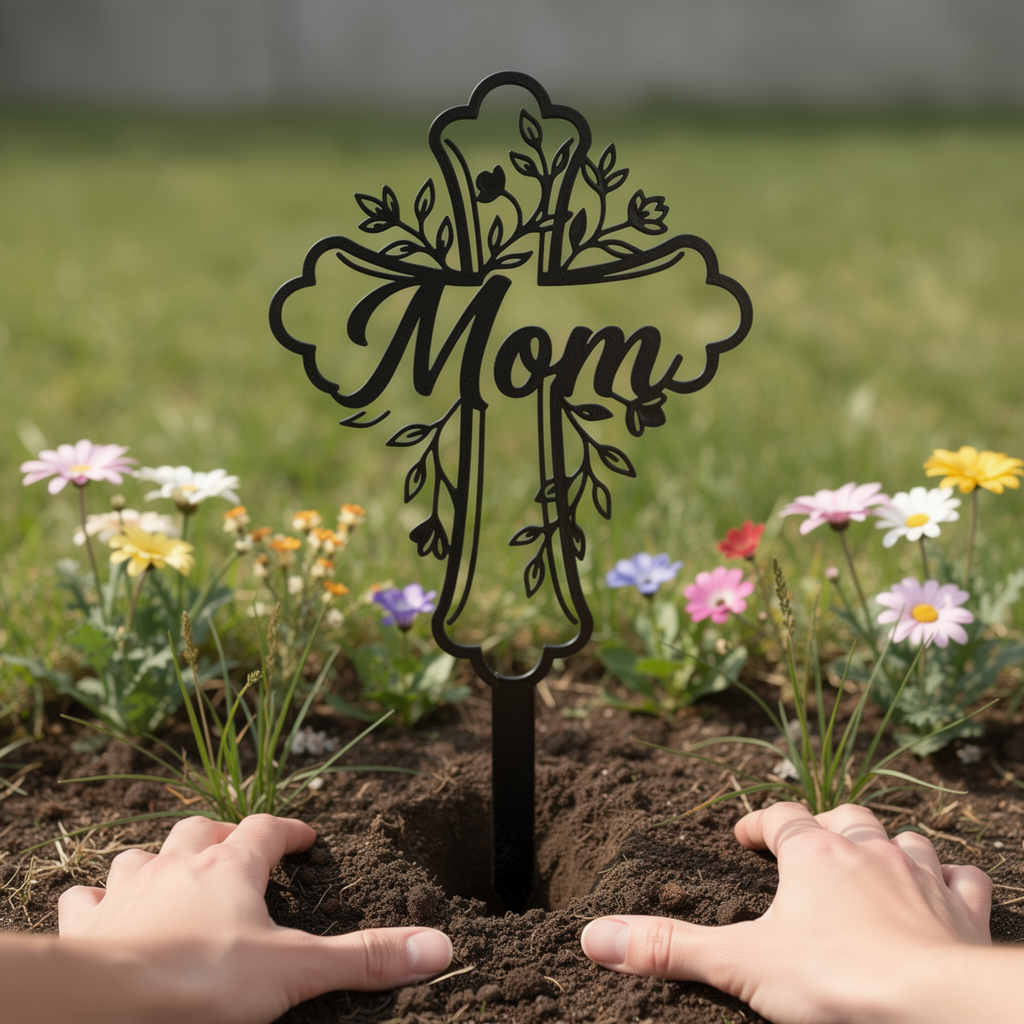 Gedenkstecker Mom mit Blumenkreuz als Grabschmuck aus schwarzem Stahl – Bild 3