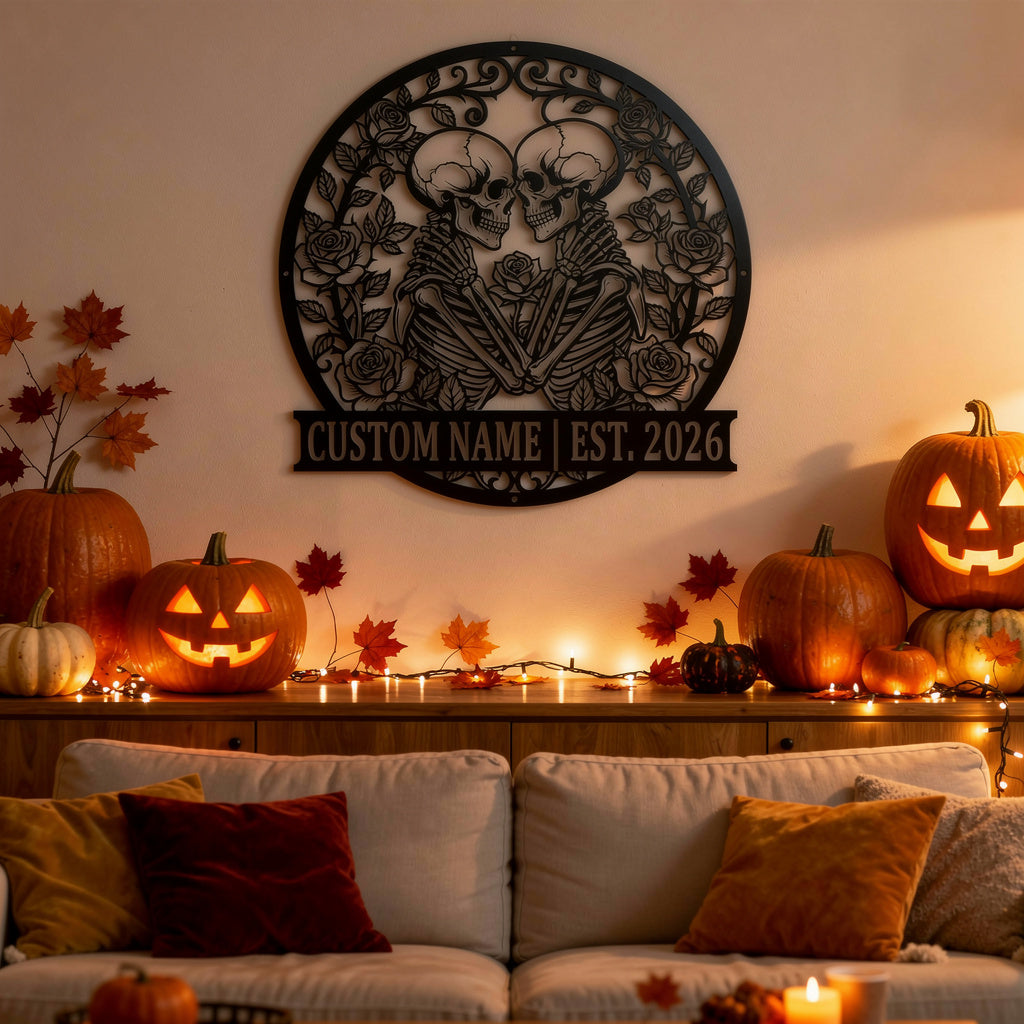 Personalisiertes Skelett-Paar Halloween Metallschild – Bild 4