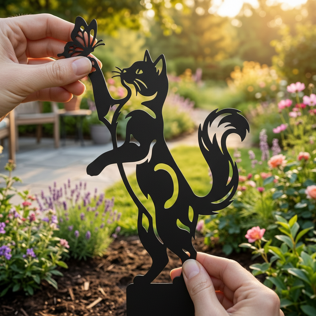 Stehende Katze mit Schmetterling und Pfote Gartenstecker – Bild 8
