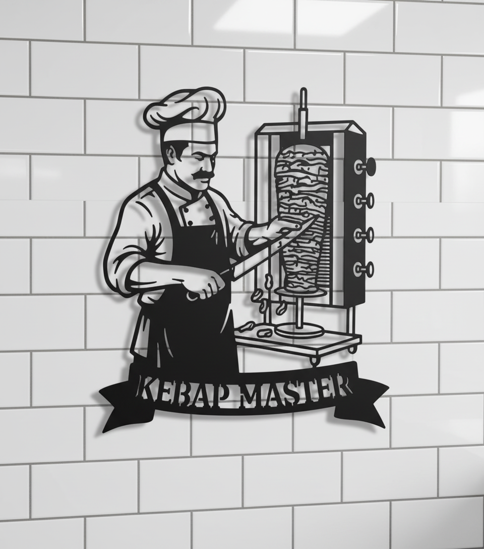 Döner Metallschild Kebap Master mit Koch und Dönerspieß aus schwarzem Stahl – Bild 9