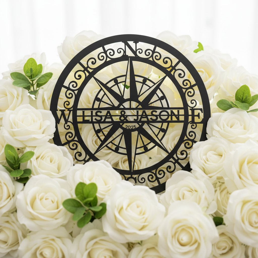 Personalisiertes rundes Kompassrose Metallschild für Paare mit Namen – Bild 4