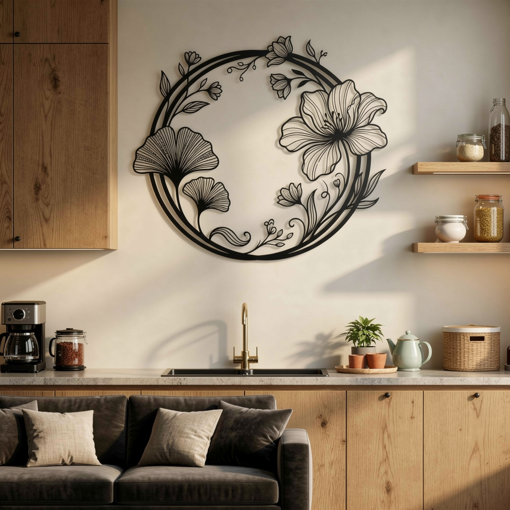 Blumenkranz mit Ginkgoblättern Metall Wanddeko rund – Bild 5