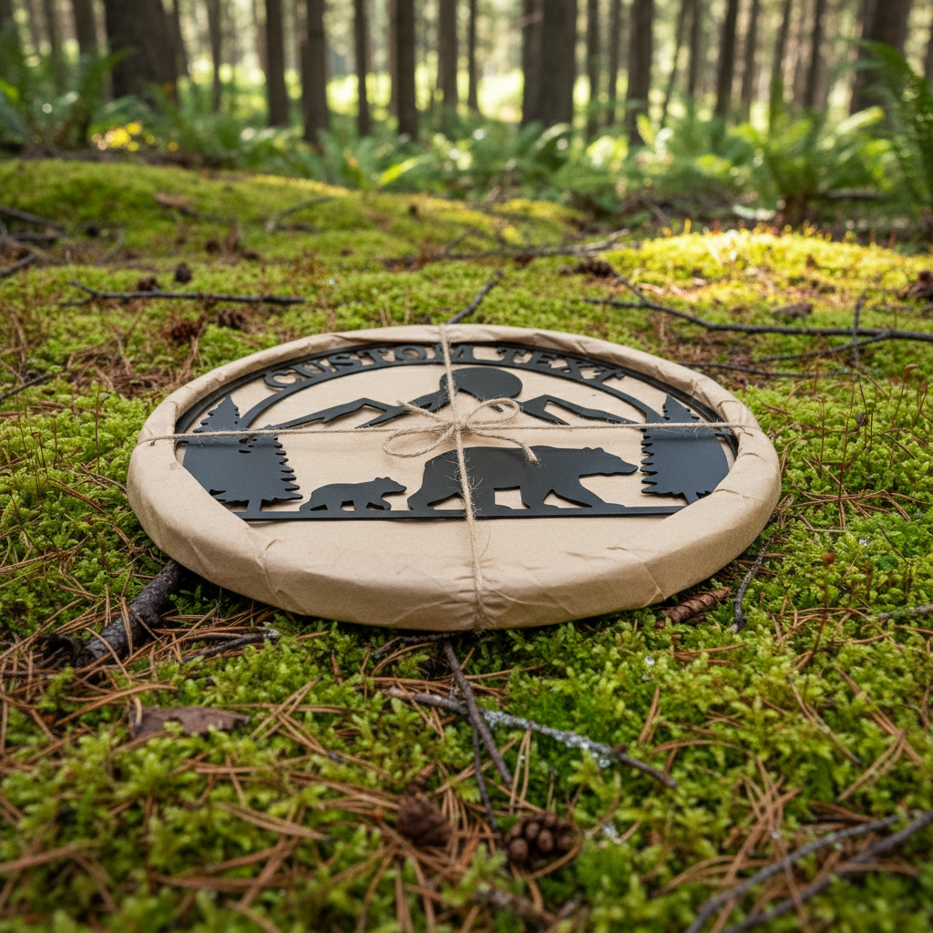 Personalisiertes rundes Familienschild mit Bärenfamilie, Bergen und Wald aus schwarzem Stahl – Bild 5