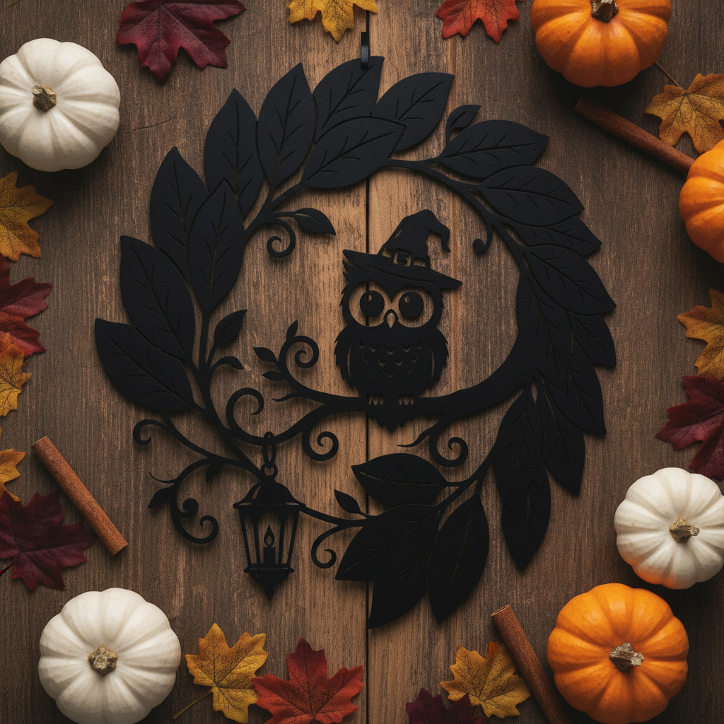 Round Halloween witch and owl metal sign with lantern and leaf wreath – image 8