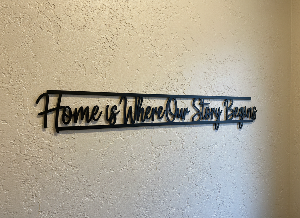 Home is where our story begins metal word art quote in black steel – image 5