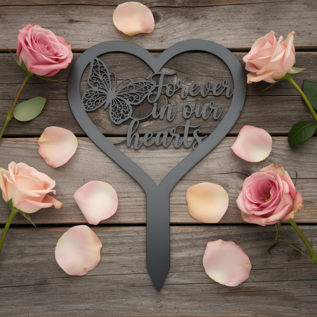 Forever in our hearts memorial stake with heart and butterfly in black steel – image 8
