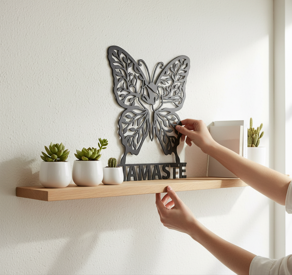 Yoga Wanddeko aus Metall mit meditierender Schmetterlingsfigur und Namaste – Bild 10