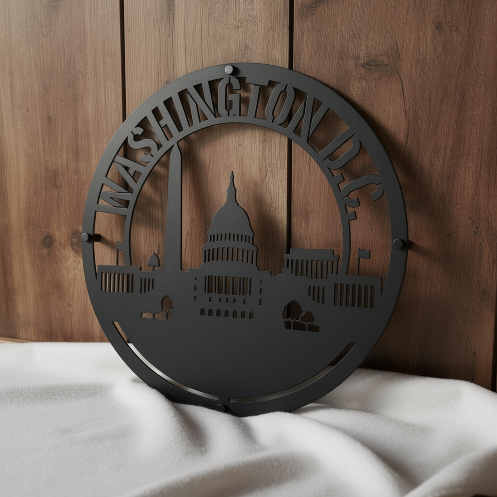 Round Washington D.C. skyline metal sign with Capitol and monuments in black steel – image 8
