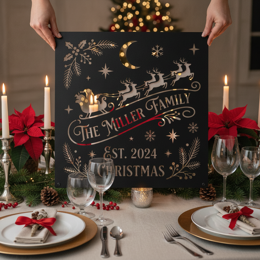 Personalisiertes Weihnachtsschild quadratisch mit Weihnachtsmann Schlitten und Rentieren – Bild 5