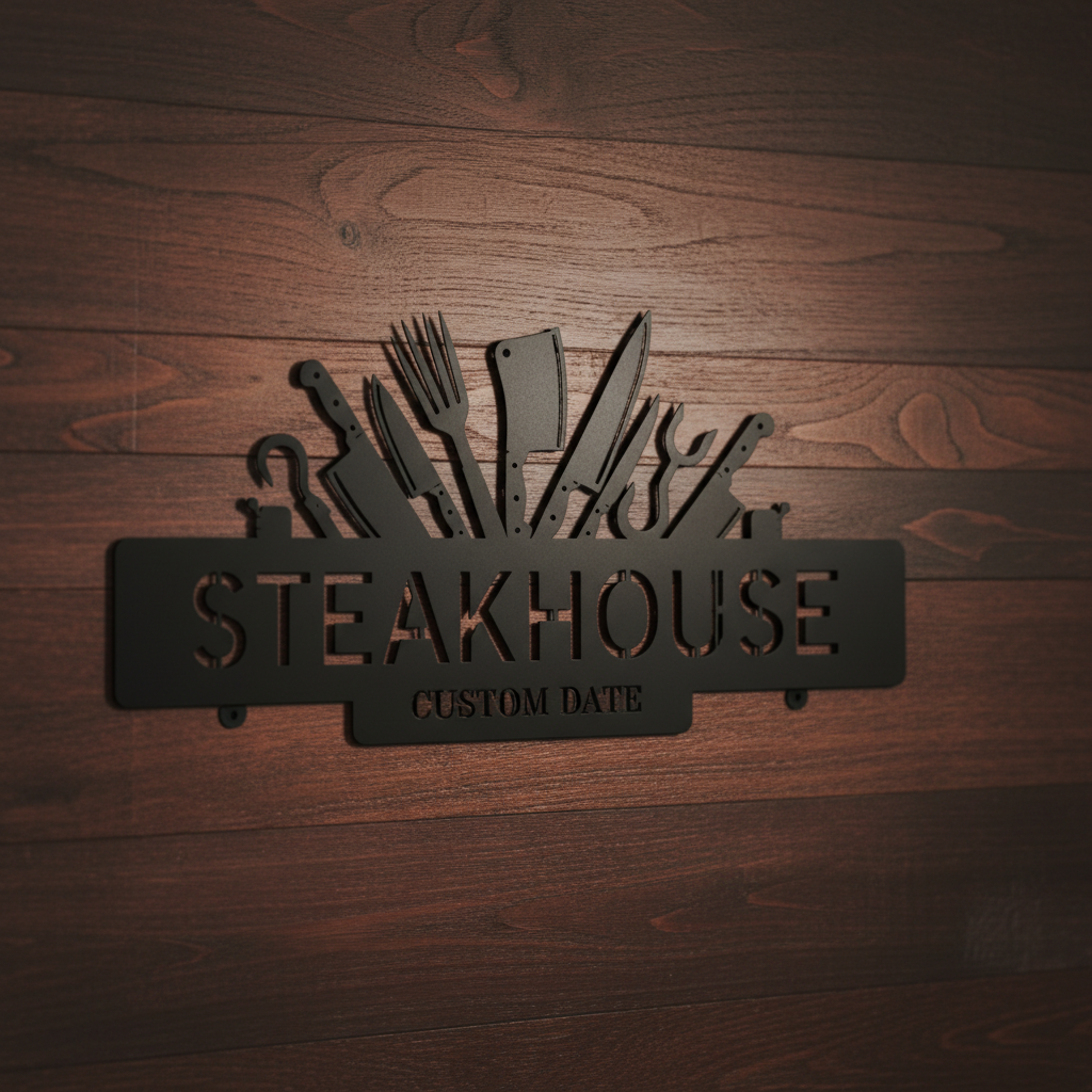 Personalisiertes Steakhouse BBQ Schild mit Messern und Hackbeil – Bild 3