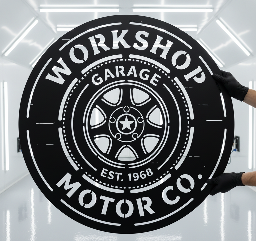 Personalized round Motor Co. garage sign with wheel rim in black steel – image 2