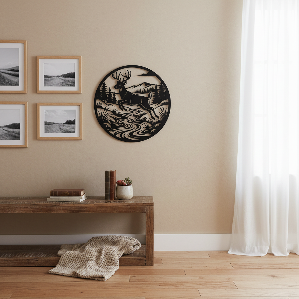 Round metal sign with deer leaping over a river, mountains and forest in black steel – image 5