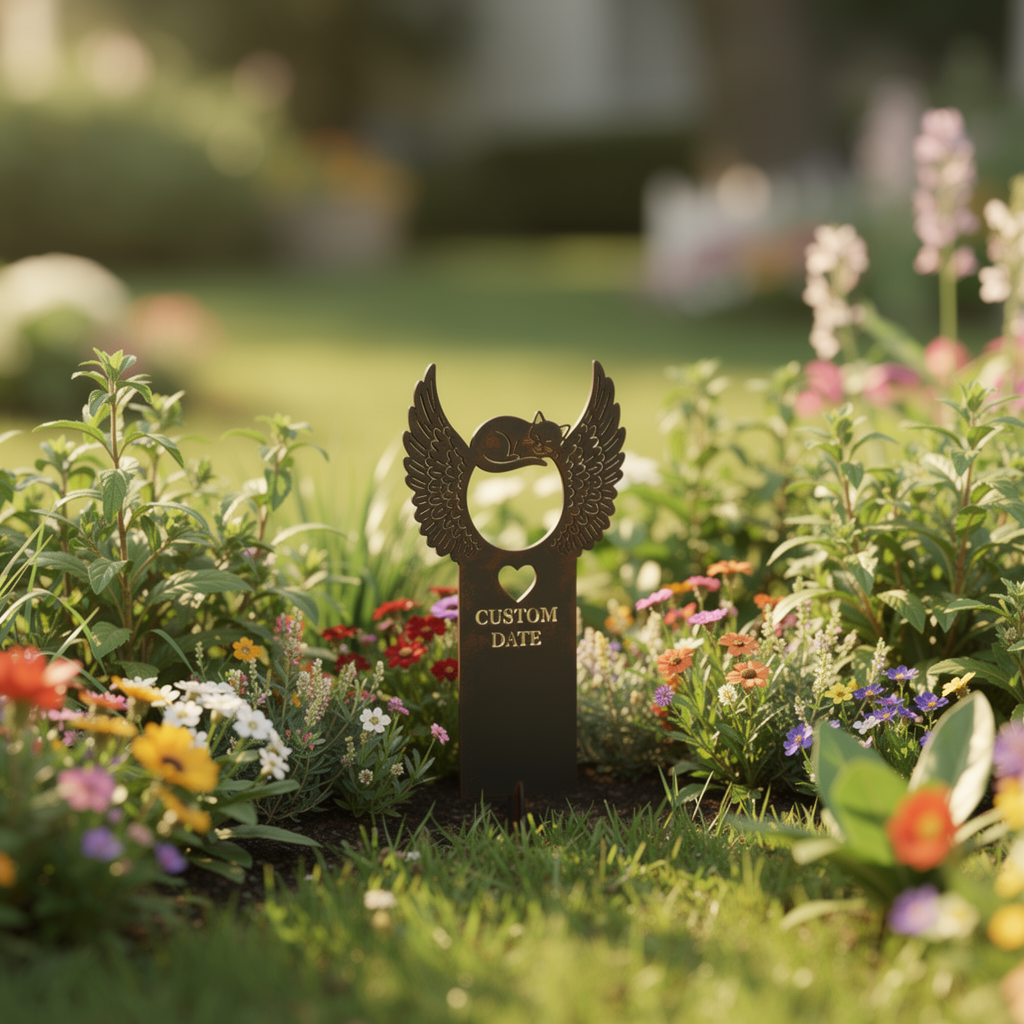 Personalized cat memorial garden stake with sleeping cat and angel wings in black steel – image 6