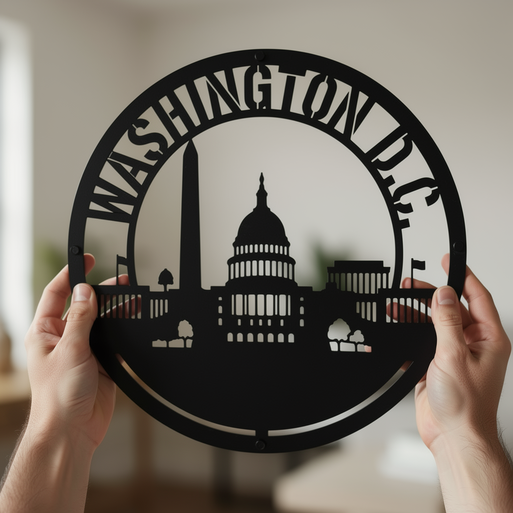 Round Washington D.C. skyline metal sign with Capitol and monuments in black steel – image 3