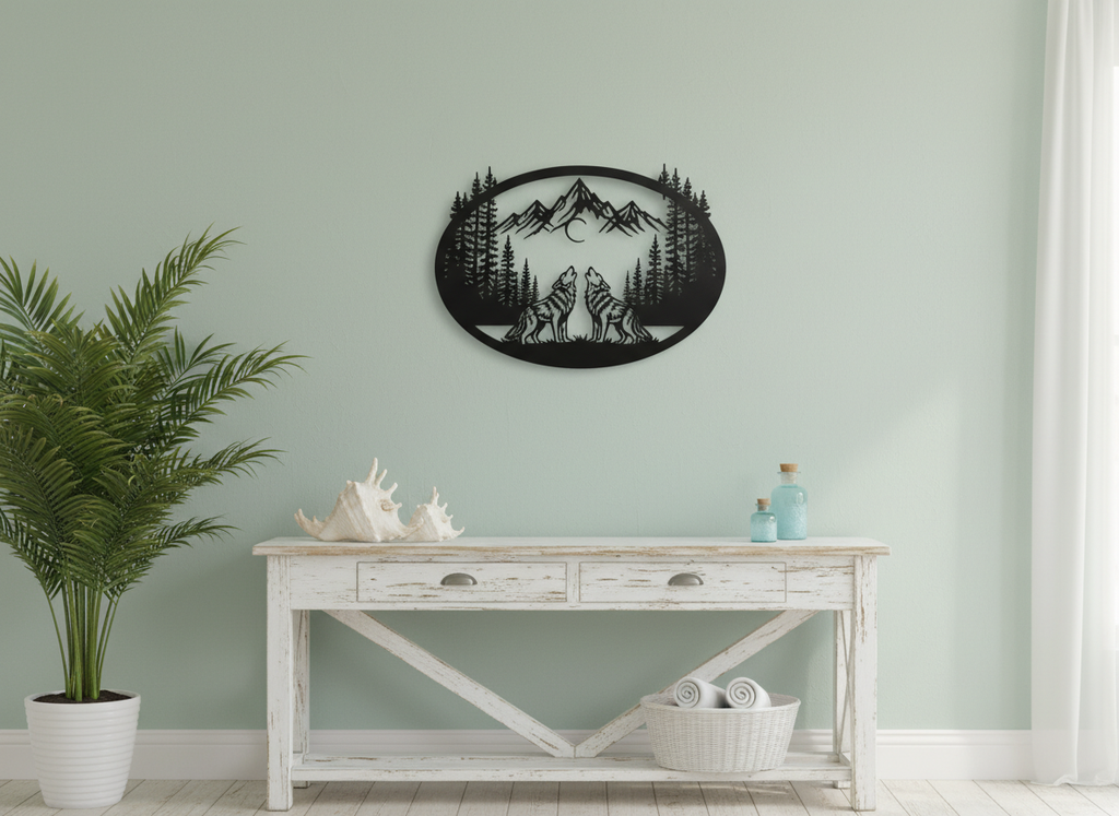 Oval howling wolves metal wall art with mountains and crescent moon in black steel – image 3