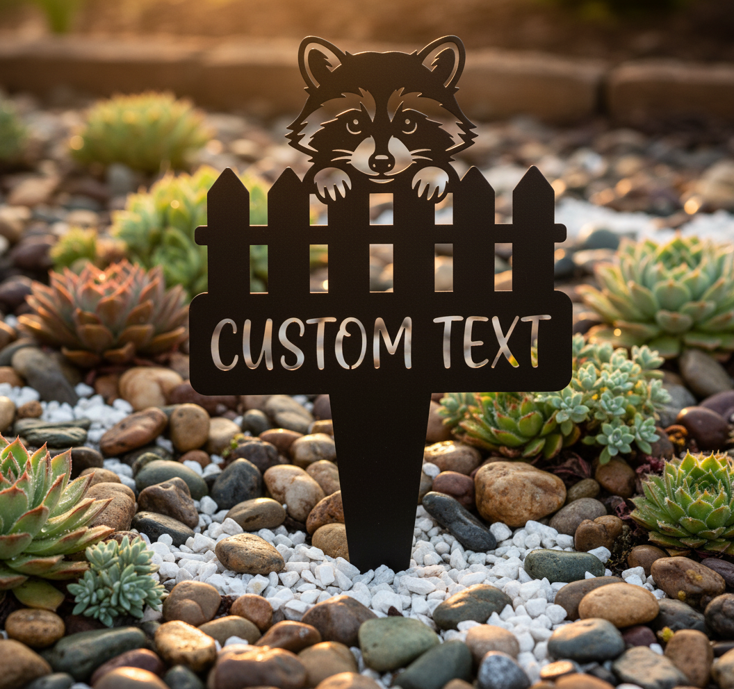 Personalisierter Gartenstecker Waschbär mit Namen aus schwarzem Stahl