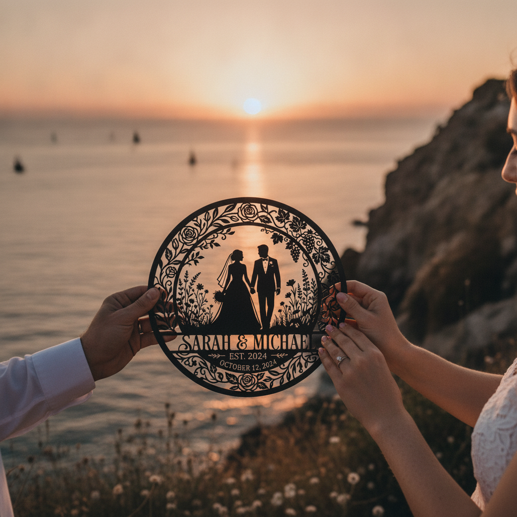 Personalized bride and groom silhouette metal sign with names and wedding date – image 10