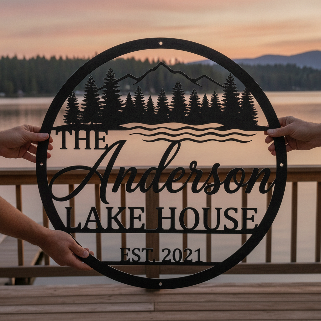 Personalized round lake house sign with mountains and pine trees in black steel – image 6