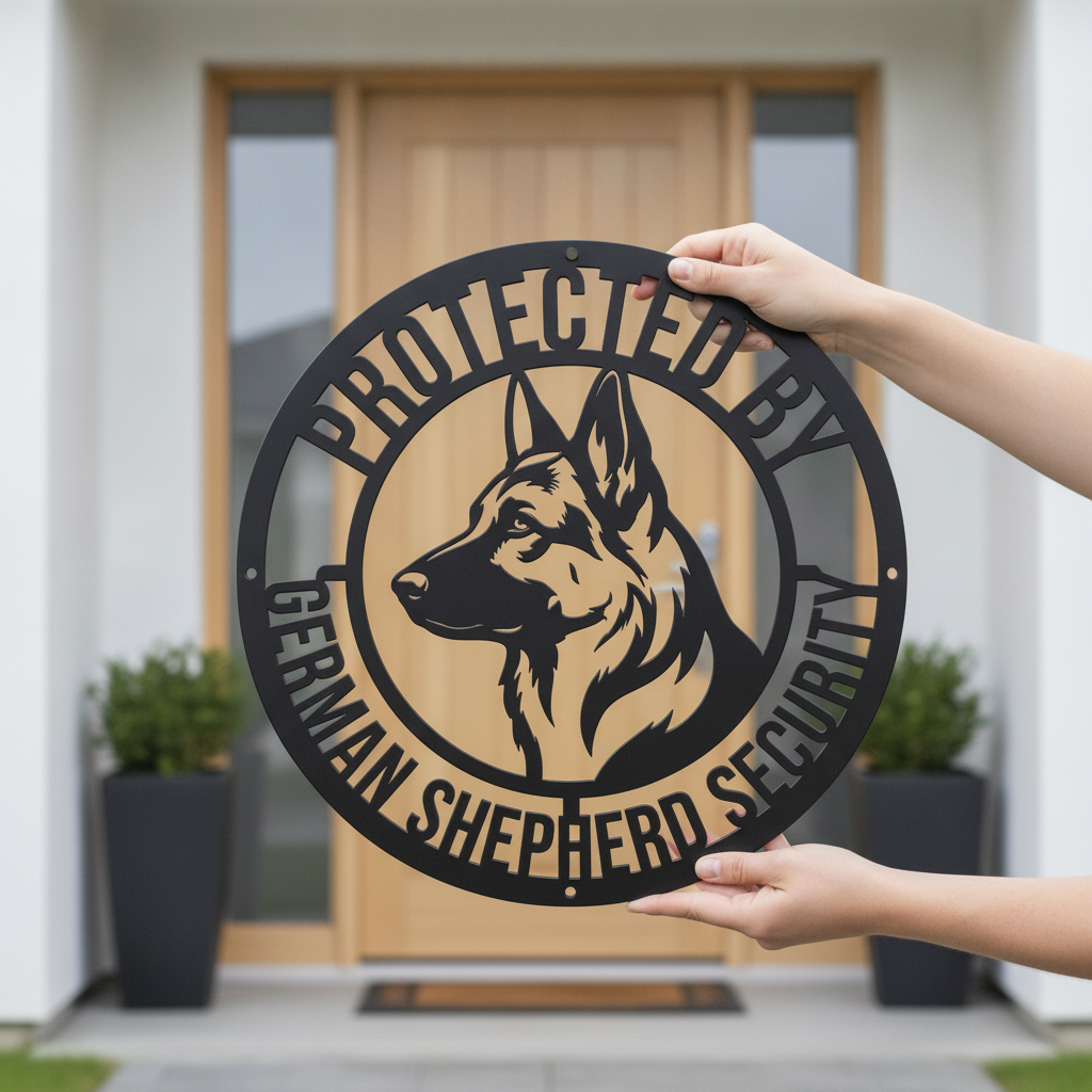 Round Protected by German Shepherd metal sign with watchful dog in black steel – image 2