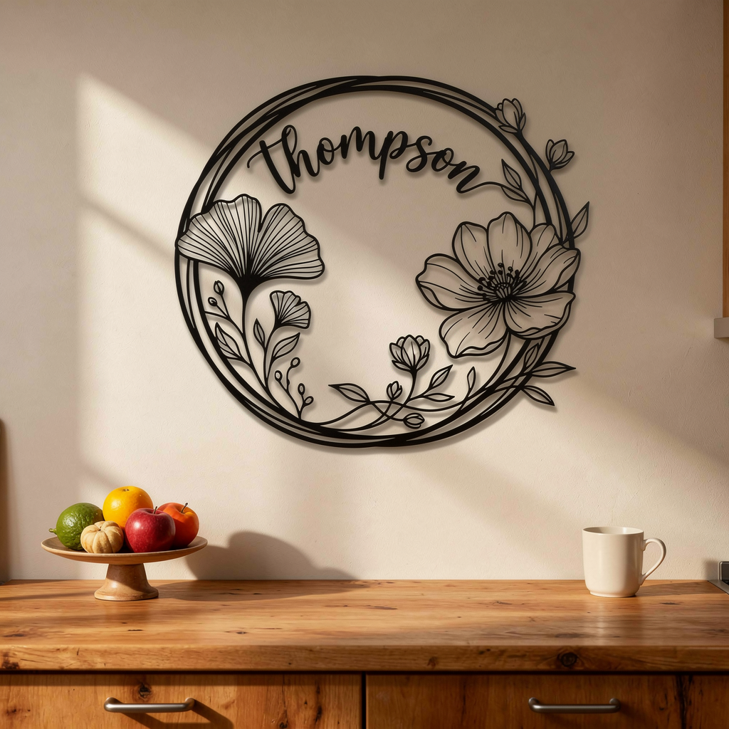 Personalisiertes rundes Familienschild mit Ginkgo- und Mohnblumenkranz aus schwarzem Stahl – Bild 8