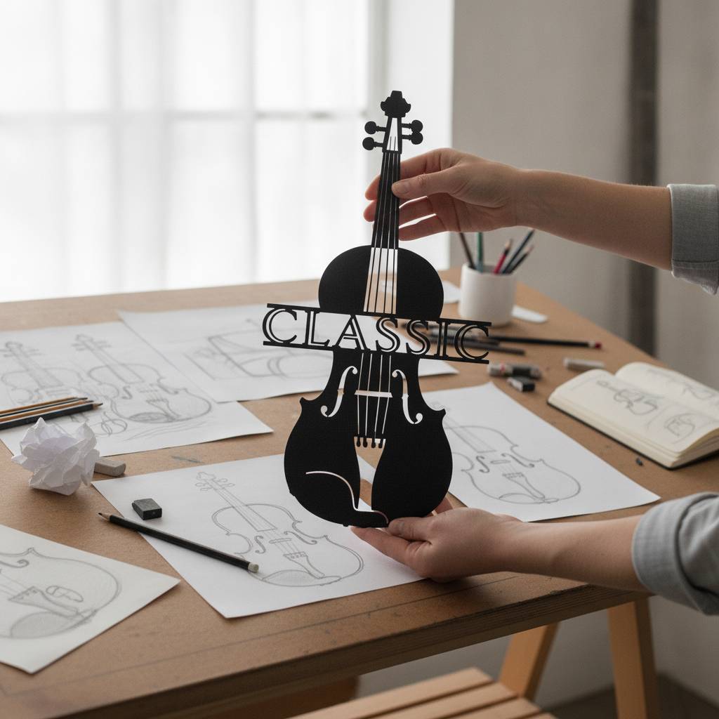 Violin with bow and music staff lines as black steel metal wall art – image 6