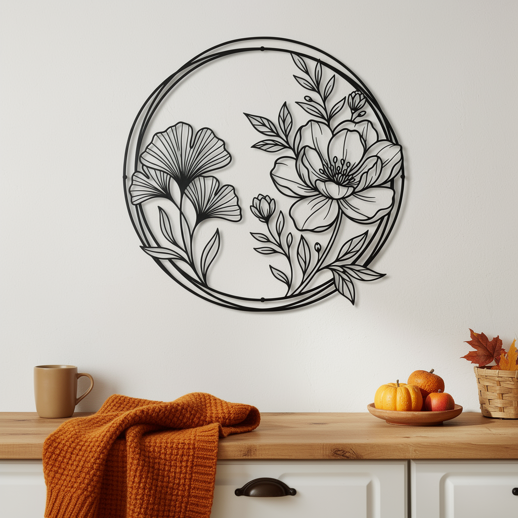 Ginkgoblätter mit Pfingstrose Metall Wanddeko rund – florale Deko aus Stahl für Wohnzimmer und Terrasse