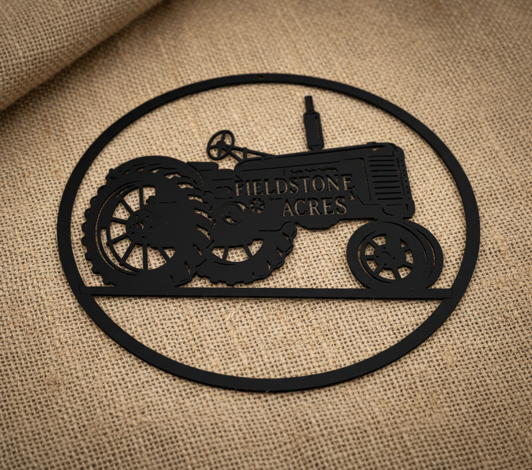 Personalisiertes rundes Hofschild mit Traktor und Hofname aus schwarzem Stahl – Bild 2