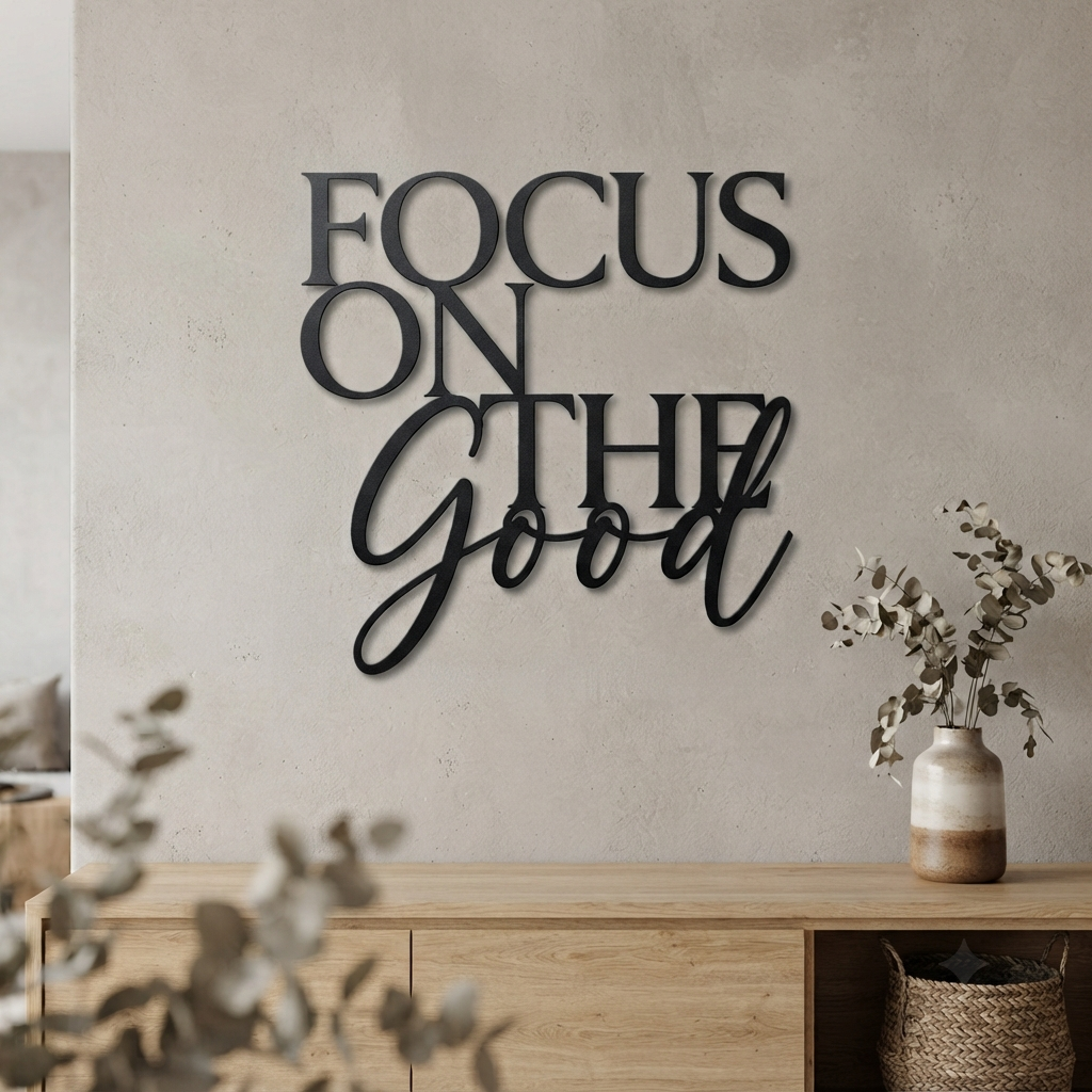 Focus on the good metal word sign in black steel as inspirational wall art – image 10
