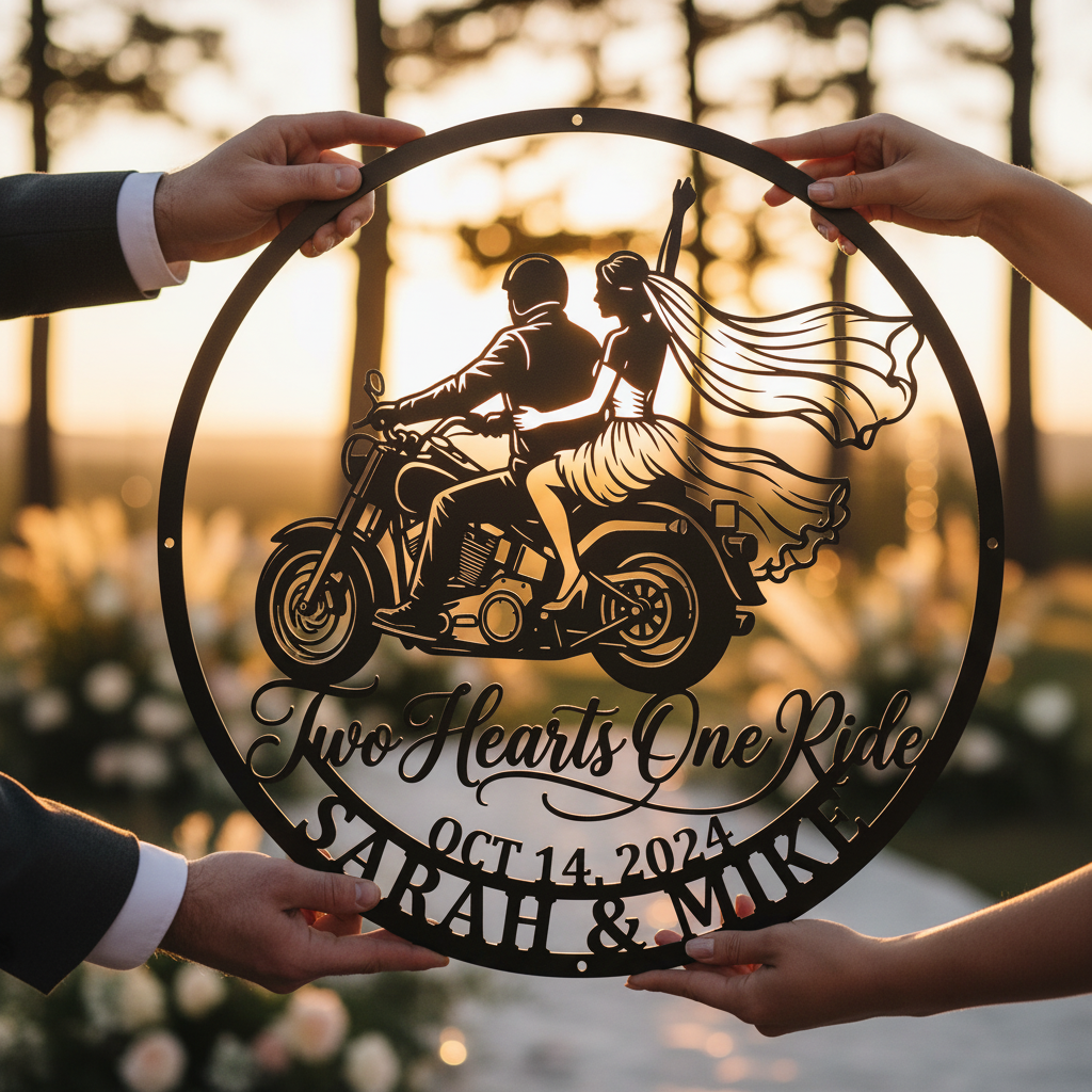 Personalized Just Married motorcycle wedding metal sign with names and date – image 6