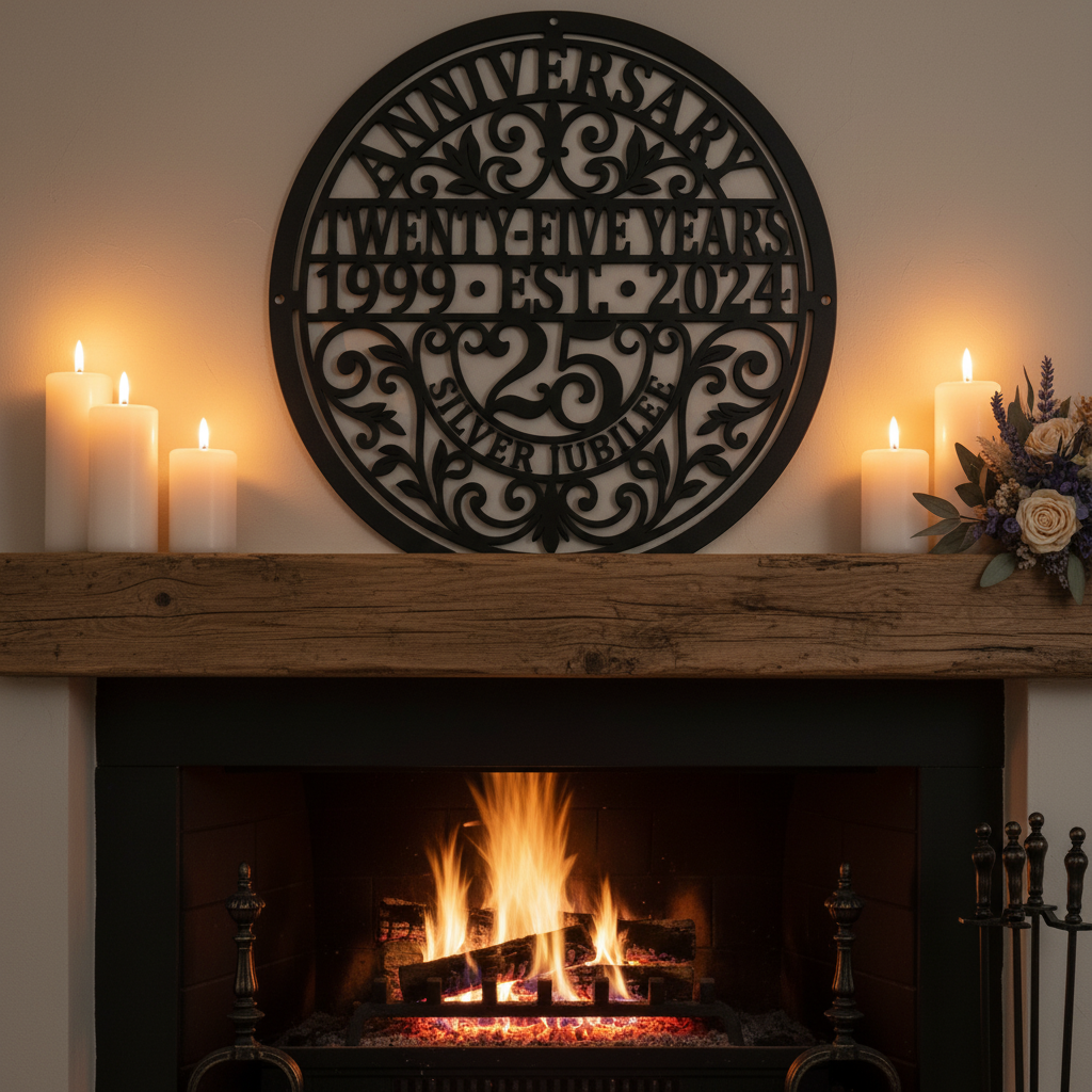 Personalized round 25th anniversary metal sign with names and date