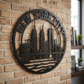 Round New York City skyline metal sign with Manhattan silhouette in black steel
