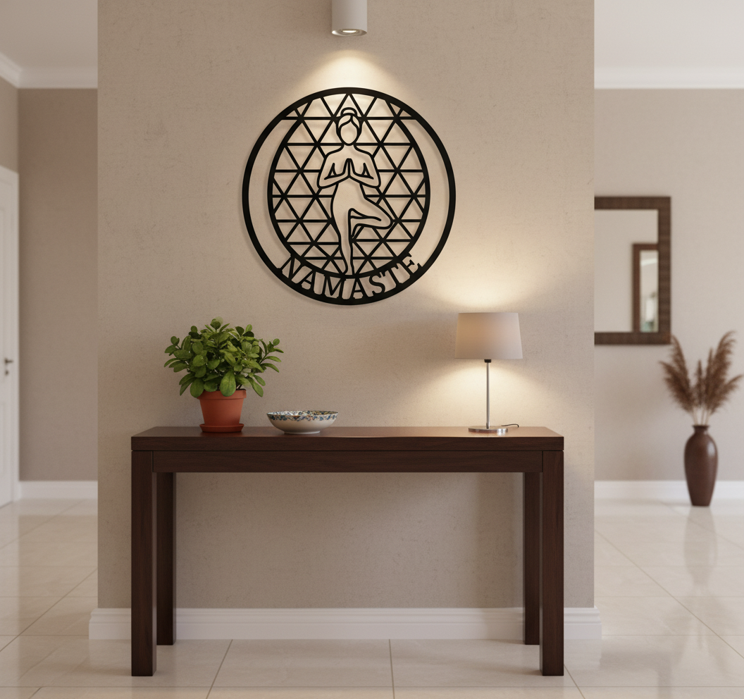 Namaste Yoga Baumpose mit heiliger Geometrie Metallschild rund – Bild 4