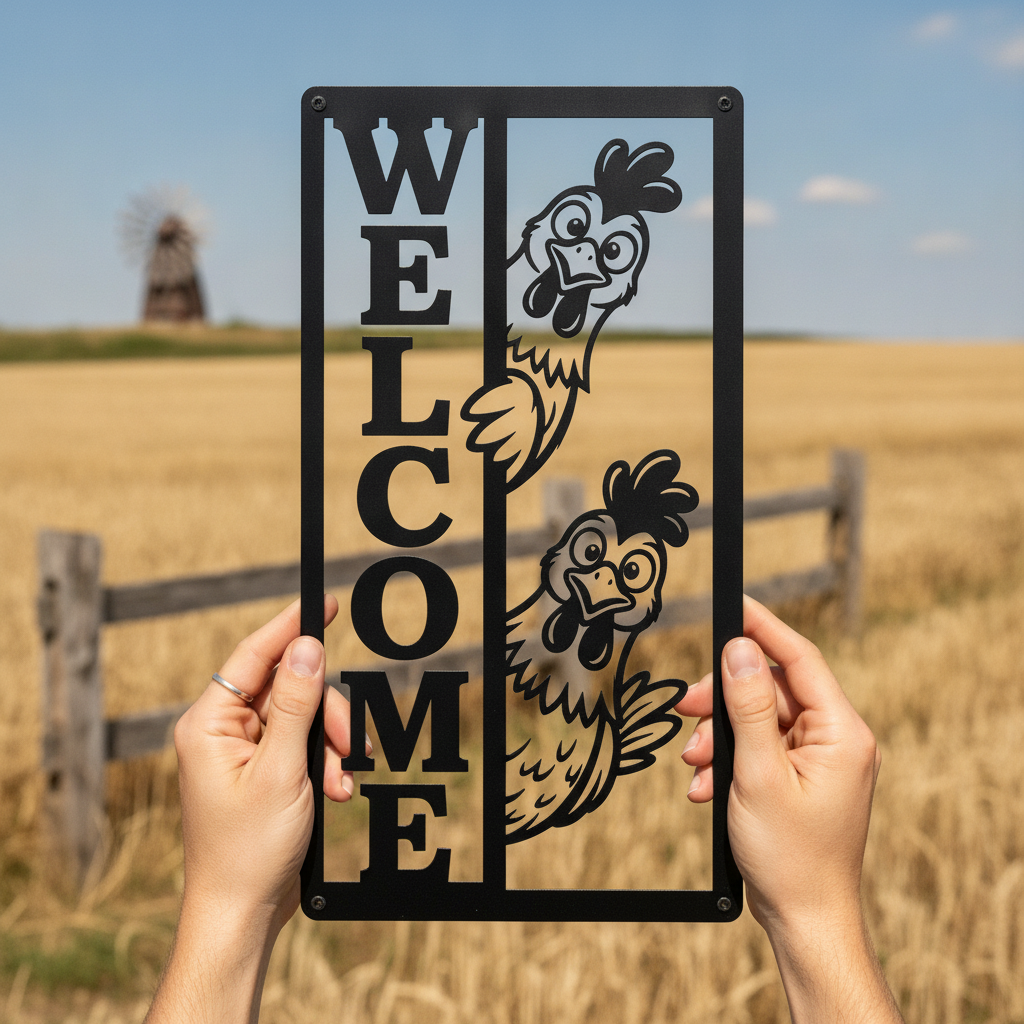 Vertical welcome sign with a peeking chicken in black steel – image 10
