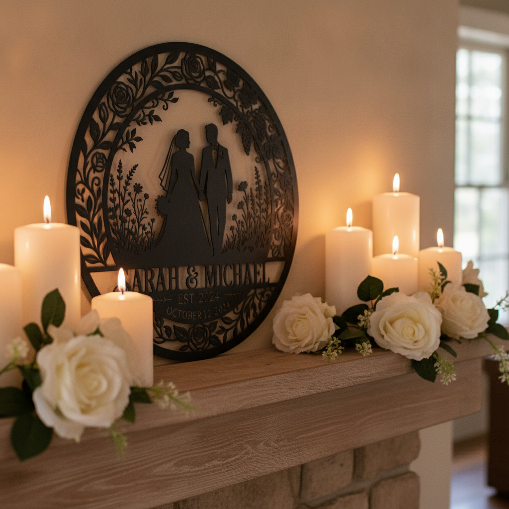 Personalized bride and groom silhouette metal sign with names and wedding date – image 8