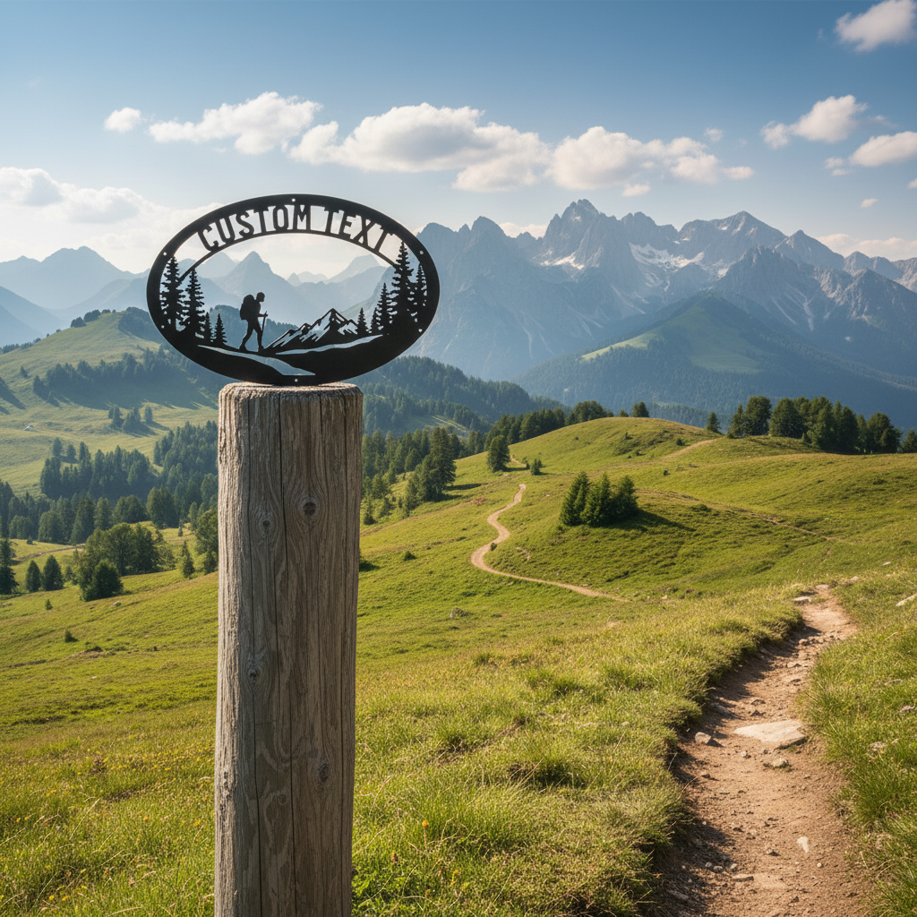 Personalized oval hiker metal sign with mountains and name in black steel – image 2